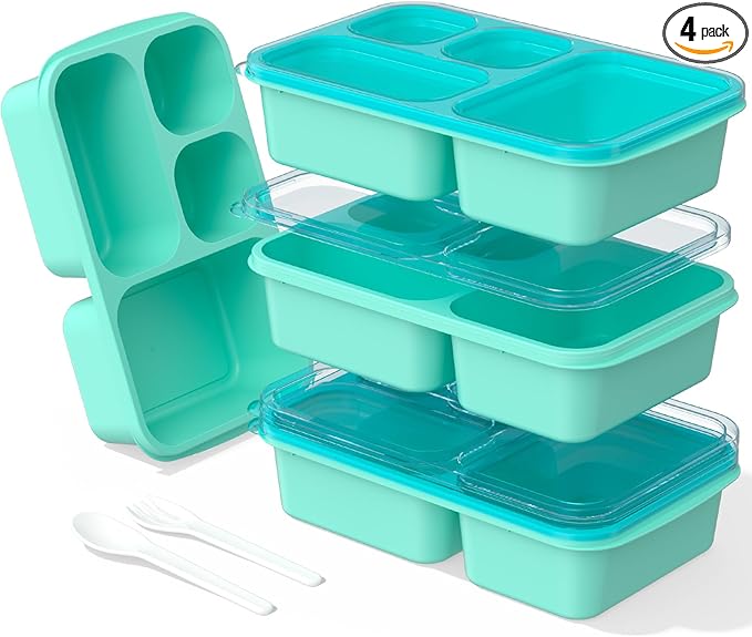 Bento Lunch Box - 4 Pack, 4-Compartment Meal Prep Containers, Adult Bento Box, Microwave & Dishwasher Safe (PP(Blue))