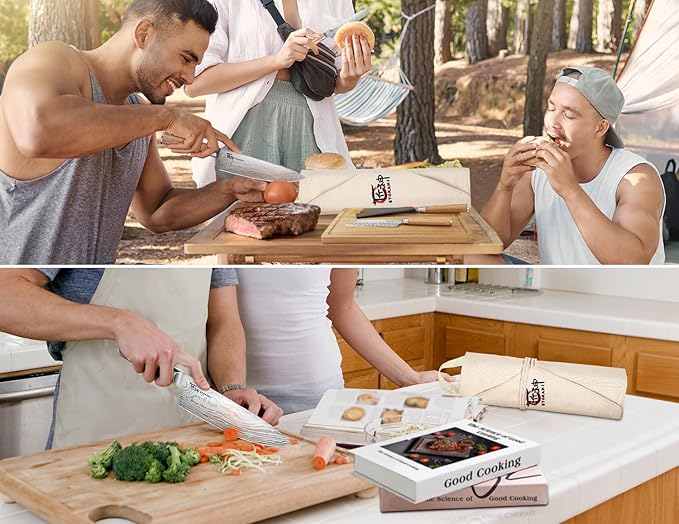 14pcs Chef Knife Set with Roll Bag, Professional Stainless Steel Japanese Knife Set with Pakkawood Handle for Professional Chef, Camping, Travel, BBQ, RV or Gift Beige