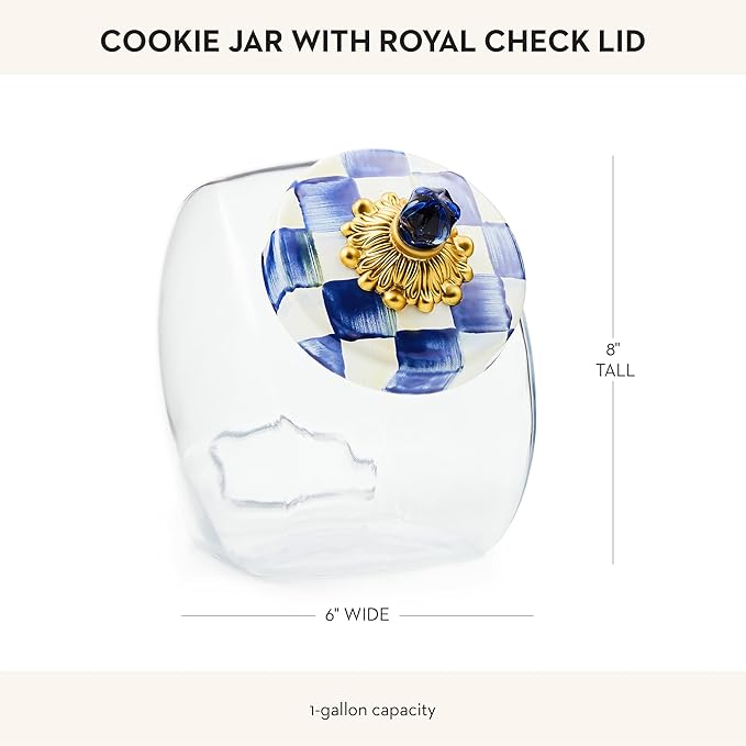MACKENZIE-CHILDS Cookie Jar with Enamel Lid, Large Glass Treat Jar or Kitchen Jar, 1-Gallon Capacity, Blue-and-White Royal Check
