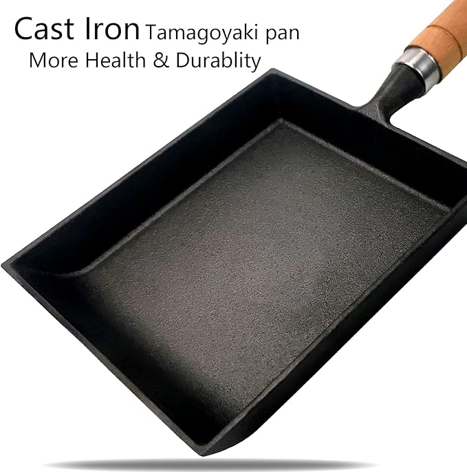Tamagoyaki Japanese Omelette Pan Cast Iron with Wooden Lid, Square Japanese Egg Pan, Rectangle Tamago Pan with Spatula & Chopsticks 7” x 6” (Black)