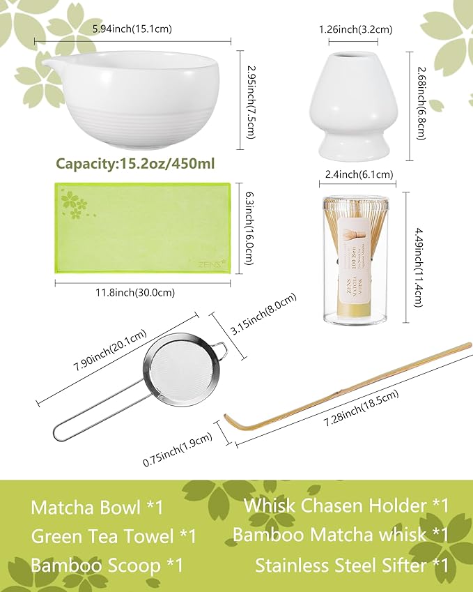 ZENS Matcha Whisk Set, 6pcs Matcha Kit Includes Ceramic Bowl, Handcrafted Bamboo Whisk and Chasen Holder, Scoop, 304 Sifter & Tea Mat，Matcha Set for Tea Ceremony,Latte Making, White