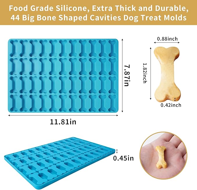 Dog Bone Silicone Molds, 44 Cavities Small Dog Bone Shaped Pet Treat Mold for Baking and Freezing Dog Food/Snacks/Biscuits/Candy/Chocolate for Medium and Large Dogs (with a Scraper)