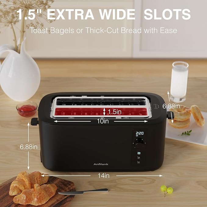 Toaster 4 Slice Long Extra Wide Slot 1.5" with Countdown Timer, 6 Browning Settings, Built-in Warming Rack, Bagel/Cancel/Defrost Functions, Removable Crumb Tray-Matteblack