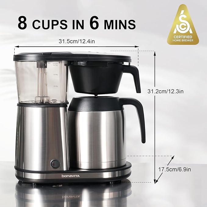 Bonavita 8 Cup Drip Coffee Maker Machine, One-Touch Pour Over, Auto Pause Brewing with Stainless Steel Double Wall Thermal Carafe, SCA Certified, Dishwasher Safe, BV1901TS