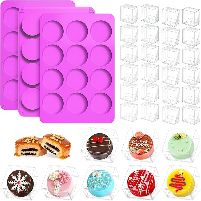 MGWOTH Chocolate Covered Mold Set: 3PCS Silicone Cookie Mold with 50 Clear Treat Boxes, Round Baking Mold for Oreos,Candy, Rice Crispy, Mini Cake, Individually Wrapped Cakesicle Party Favor Packaging