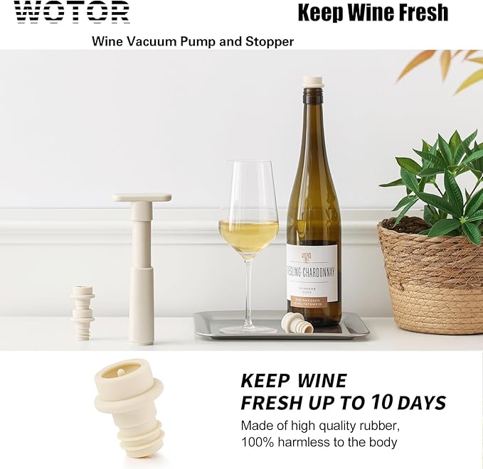 WOTOR Wine Saver Vacuum Pump with 8 Stoppers, Wine Stopper & Preserver, Reusable Bottle Sealer Keeps Fresh, Ideal Accessories Gift, Flat Handle (Cream)