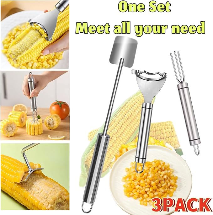 Corn Peeler 3PCS Stainless Steel Corn Peeler,Stripper Tool and Corn Holder Set 2025 Corn Planer Cutter Thresher Scraper,Peel Corn Cob Separator Quick