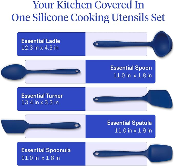 GIR: Get It Right - 5 Piece Essentials All Purpose Set - Ladle, Spatula, Flip, Spoon & Spoonula, Non-stick, Heat Resistant, Dishwasher Safe, Kitchen Utensils, Baking Supplies - Royal Blue