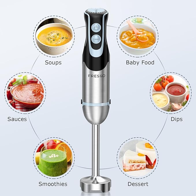 FRESKO Immersion Handheld Blender 500W with 700ml Beaker, 12-Speed & Turbo Mode Hand Blender Stick, 304 Stainless Steel Blades for Soup, Smoothie, Puree, Baby Food
