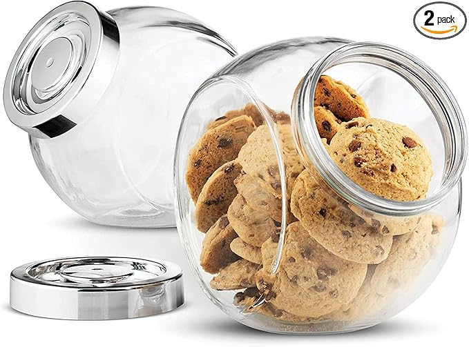 Bormioli Rocco Pandora Glass Candy Jar 75½-Ounce Cookie Jar (2 Pack) with Plastic Airtight Seal Lid 2-Way Display, Bulk-Food Storage Jar for Snacks, Dry Food, Jelly Beans Canister, Apothecary Jars.