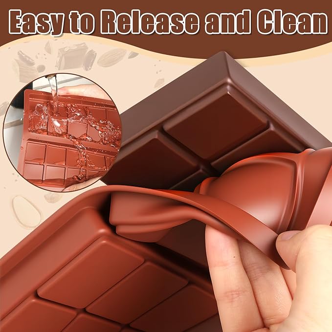 Chocolate Bar Molds Silicone 2-Pack, Large 8.1x7.1 Inch Deep Cavity with 100 Storage Bags & Scraper Tool Kit - Food-Grade BPA-Free for Thick Filled Homemade Candy, Energy Bars, Gifting
