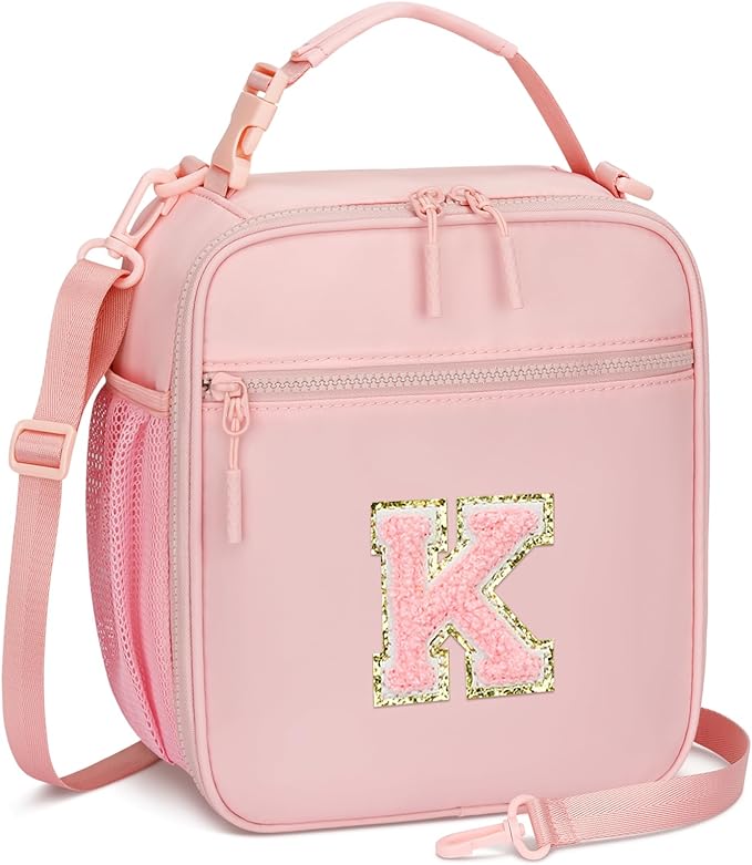 Initial Insulated Lunch Bag for Girls Kids, Back to School Gift, Reusable Leak-proof Lunch Box with Adjustable Strap for School Daycare Travel Picnic (Pink,K)