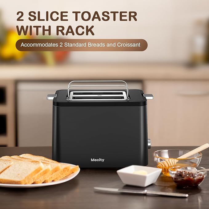 Mecity Toaster 2 Slice Stainless Steel Body, Timer, Bagel, Defrost, Reheat, Cancel Functions, Warming Rack, Removable Tray, 6 Browning Settings, Extra Wide Slots, Bread Toaster, 120V 800W Black