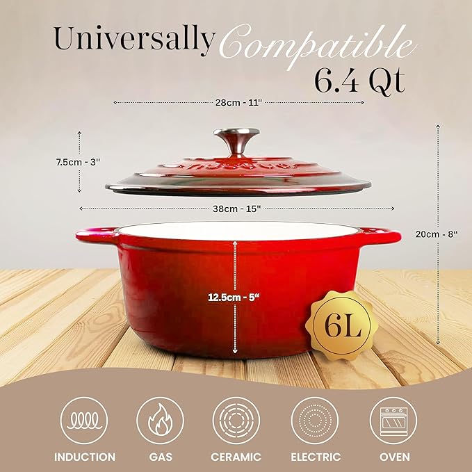 Nuovva Enamelled Cast Iron Dutch Oven Pot with Lid – 6.4 Quart Non Stick Casserole Pot – Heavy Duty & Oven Safe up to 500° F for Bread Baking, Braising, Stews, Roasting – 28cm Red