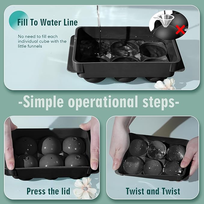 WIBIMEN Large Ice Cube Molds, Big Round Whiskey Ice Cube Trays for Freezer, Easy to Fill & Release, Whiskey Bourbon Cocktail(1.9In*6 Balls- Black/2 Pack)