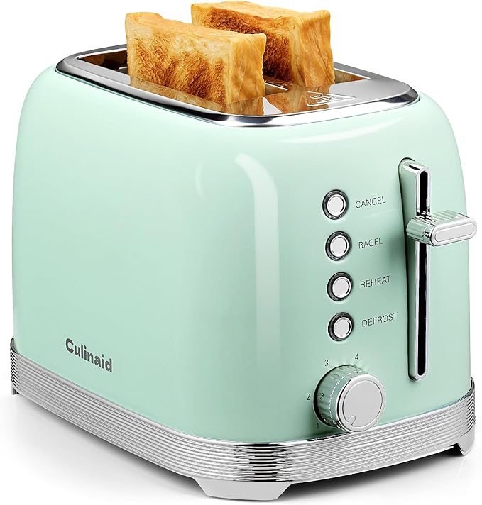 Toaster 2 Slice Retro Stainless Steel with 1.5” Extra Wide Slots Bagel, Defrost, Reheat, Cancel Functions, 6 Bread Shade Settings, Removable Crumb Tray, Aqua Green