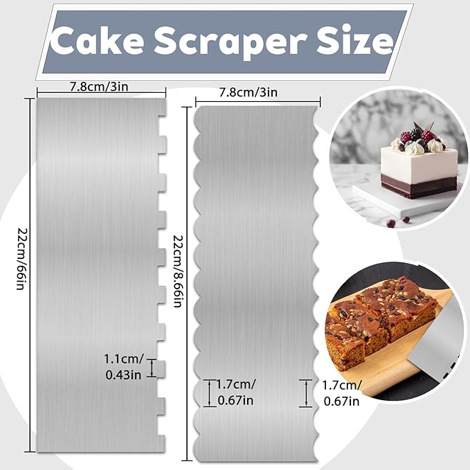 2 Pcs Stainless Metal Cake Scraper Smoother Double Sided Patterned Edge Cake Decorating Supplies Spatula Frosting Icing Tools Comb for Icing Cakes Buttercream Decorating