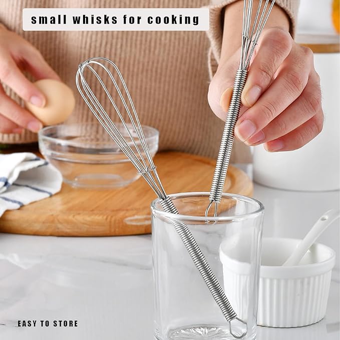Mini Wire Whisk, 3-Pack - 8, 10 & 12 Inch Small Whisk for Cooking - Ergonomic Spiral Handle, 304 Stainless Steel - Ideal for Whisking, Beating, Blending & Mixing Sauces - Silver