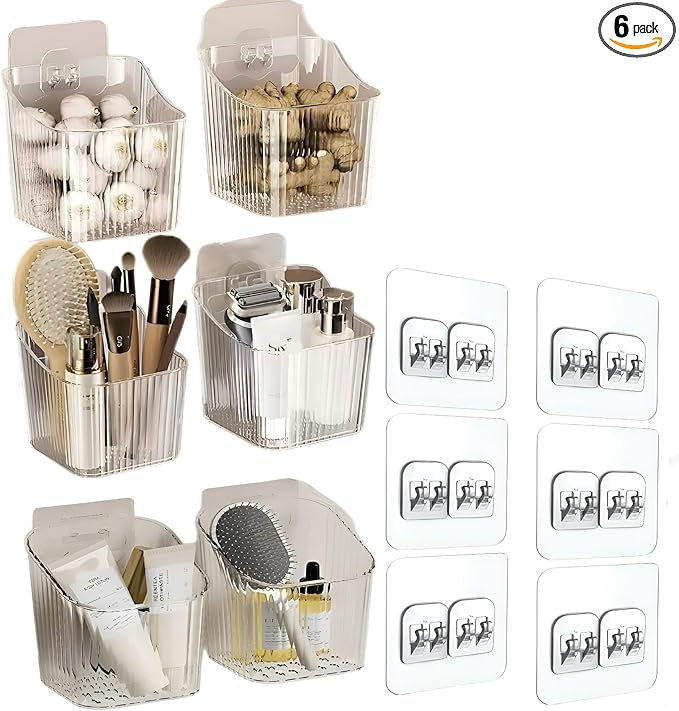6Pack Wall Mount Organizer, Adhesive Cabinet Door Storage Bins, Clear Makeup Containers, Stackable Organizer Basket for Kitchen, Bathroom, Cabinet, Pantry, Office，Refrigerator Small Items storage