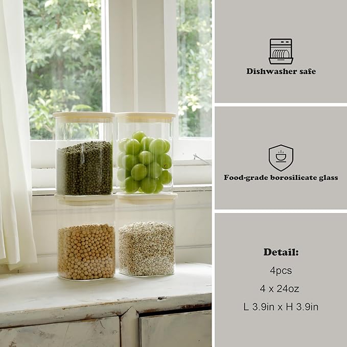 12pcs Square Glass Pantry Storage Containers with See Through Lids Kitchen Jars Sets for Cereal, Chips Refrigerator Safe, Professional Glass Canisters, Patent Approved (12PCS/MIX)