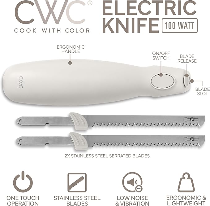 COOK WITH COLOR Electric Knife, 100W Power, Dual Stainless Steel Blades for Precise Cutting, Ergonomic Handle, Low Noise and Vibration, Ideal for Bread, Meat, and Vegetables, Cream