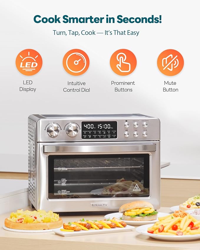 28QT Air Fryer Toaster Oven Combo, Large 12-in-1 Convection Countertop Oven with 3-Layer Cooking, Rotisserie for Chicken, 6 Heating Tubes, Fast Preheat, Fit 11" Pizza, All Accessories, Stainless Steel