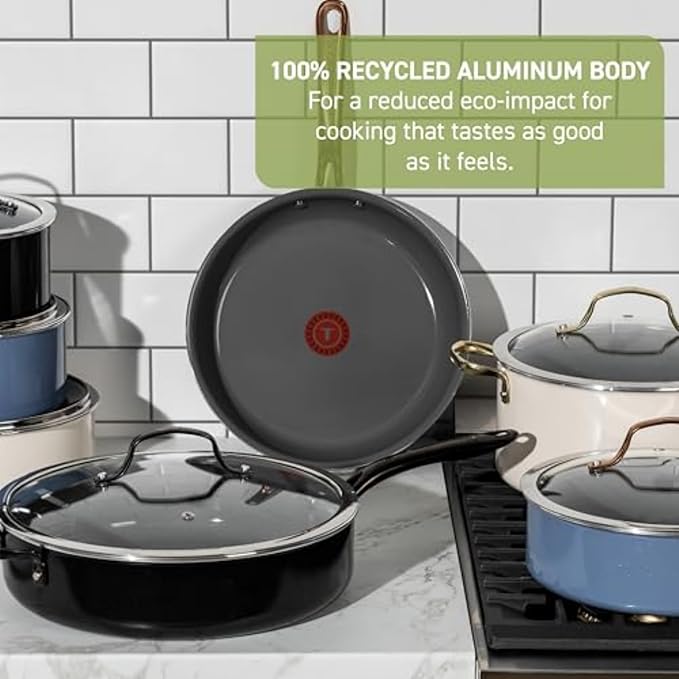 T-Fal Preserve Ceramic Nonstick Saute Pan with Lid 5.5 Qt, Oven and Broiler Safe up to 350°F Cookware, Frying Pan, Stay-Cool Handle, Skillet Pots and Pans, Beige