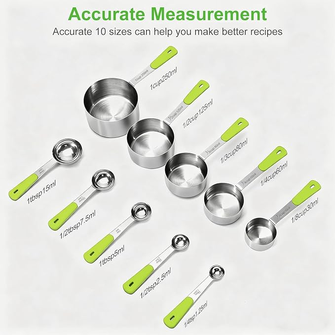 Measuring Cups and Spoons Set, Stainless Steel 10 Piece for Cooking and Baking (5 Cups + 5 Spoons, Green Handle)