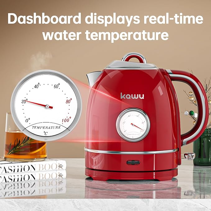 Kawu Retro Electric Kettle, 1.3L Hot Tea Water Boiler with Temperature Gauge, 1355W Fast Boiling Tea Kettle with Stainless Steel Inner & Boil-Dry Protection, Auto Shut Off, 60°C Keep Warm, Food Grade