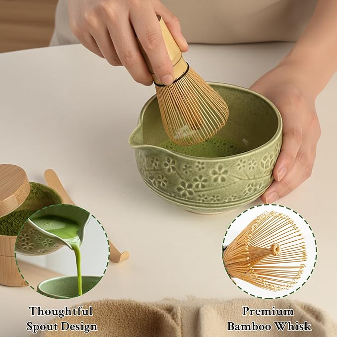 Matcha Whisk Set - Ceramic Matcha Set Includes Matcha Bowl, Whisk and Holder, Bamboo Scoop, Scoop Rest, Sifter and Tea Towel - 7 Pcs Ceremonial Gift Kit for Matcha Lovers (Floral Green)