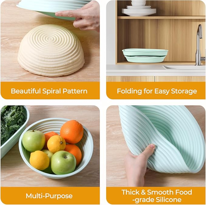 Silicone Banneton Bread Proofing Basket Set, 2 Foldable Sourdough Proofing Baskets (9" Round & 10" Oval), Complete Set for Bread Making With Essential Tools, Green