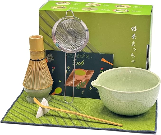 Matcha Whisk Set, 7 Pcs Matcha Set Includes Bowl, Whisk, Holder, Sifter, Bamboo Scoop, Spoon Rest and Tea Towel - Matcha Kit for Matcha Lovers (Mottled Green)