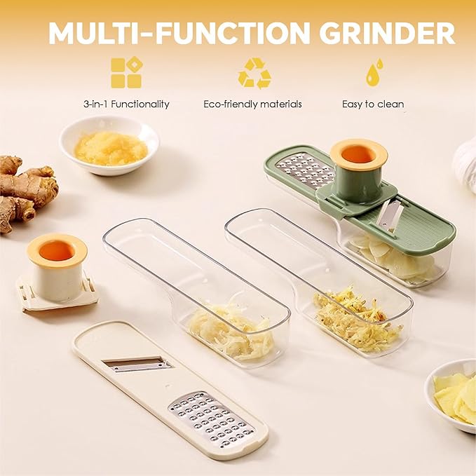 Multi-Function Garlic Grinder, 3-in-1 Garlic Chopper & Slicer with Airtight Container Easy-Clean Multi-Purpose Mandoline Slicer with Wire Scrubber and Kitchen Hook (Green)