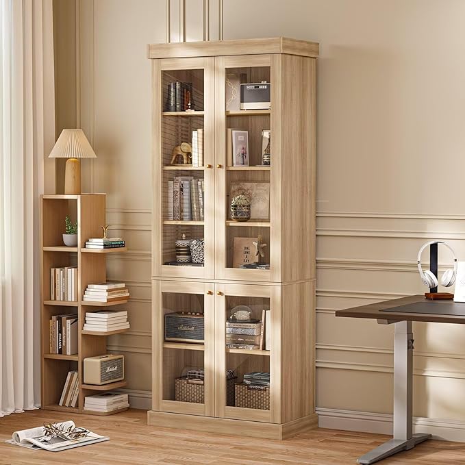 70.8" Tall Farmhouse Bookshelf with Glass Doors, Modular Bookcase with 6-Tier Adjustable Shelves, Large Storage Cabinet for Kitchen, Living Room, Brown, Set of 3