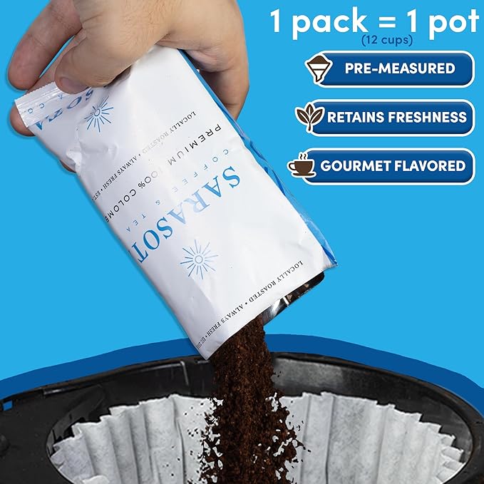 SARASOTA COFFEE & TEA CO. Packets, Pre Ground Coffee Packs, Premium 100Percent Colombian Medium Roast, Bulk Single Pot Bags for Drip Coffee Makers, (2 oz Bags, Pack of 36)