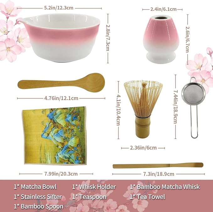 Matcha Whisk Set, 7-Pcs Matcha Set Includes Gradient Ceramic Matcha Bowl and Chasen Holder, Bamboo Whisk, Stainless Sifter, Teaspoon, Tea Towel, Spoon, Matcha Kit for Tea Lovers (Pink)