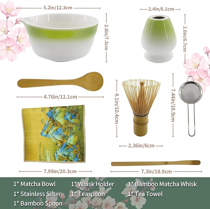 Matcha Whisk Set, 7-Pcs Matcha Set Includes Gradient Ceramic Matcha Bowl and Chasen Holder, Bamboo Whisk, Stainless Sifter, Teaspoon, Tea Towel, Spoon, Matcha Kit for Tea Lovers (Green)