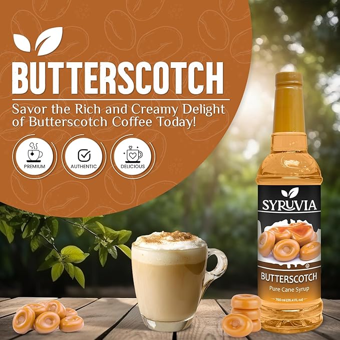 Syruvia Glazed Donut & Butterscotch Coffee Syrup - 25.4 fl oz Premium Coffee Flavoring Syrup. No Coloring, Kosher, and Gluten-Free. Perfect for Drinks, Sodas, Shakes, Desserts, & More.