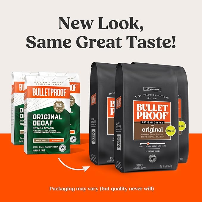Bulletproof Original Medium Roast Whole Bean Decaf Coffee, 12 Ounces (Pack of 3), 100% Arabica Coffee Sourced from Central and South America