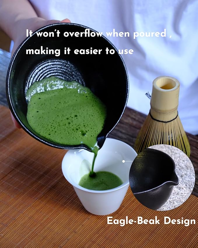 Matcha Whisk Set,Matcha Set,Matcha Kit,Matcha Bowl with Spout,Scoop,Sifter,Bamboo Whisk,Chasen Holder,Unique Gifts for Women Grifend,Gifts for Christmas, Birthday,Halloween(Black)