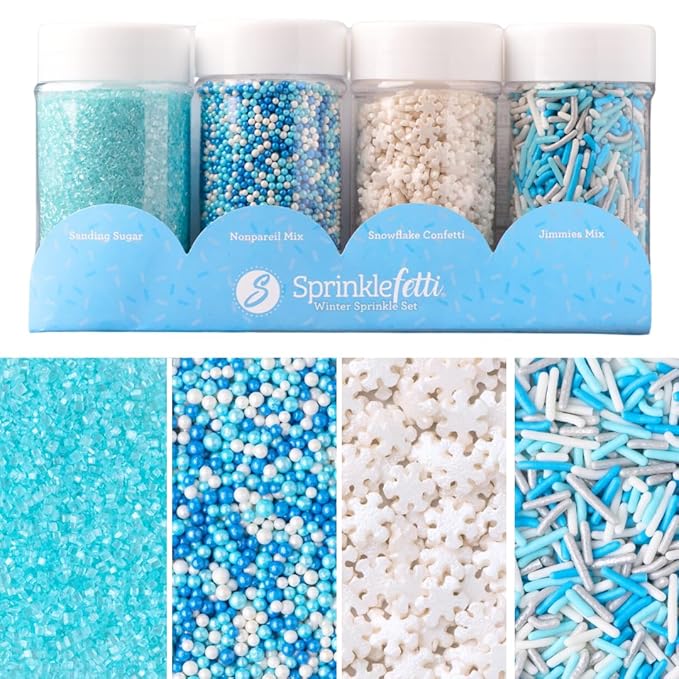 Sweets Indeed Winter Sprinkle 4-Pack – 10.90 oz | Blue Sugar Crystals, Shimmer Snowflakes, Winter Jimmies & Nonpareils | Frozen-Inspired Christmas & Holiday Baking Decorations