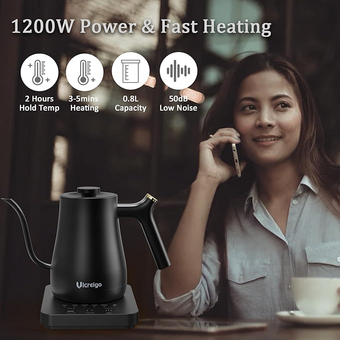Gooseneck Electric Kettle,Ulcreigo Tea Kettle for Boiling Water, Temperature Control with 5 Variable Presets,Hot Water Boiler Heater for Pour Over Coffee, Keep Warm 2 Hours,304 Stainless Steel(Black)