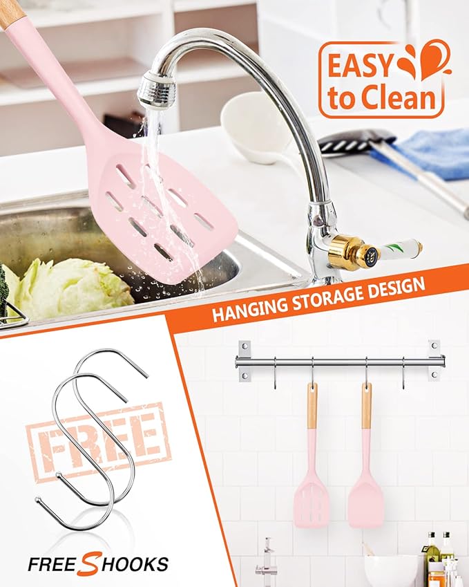 Pack of 2 Silicone Spatula, Non Stick Cooking Utensil Set Wooden Handle Kitchen Turner for Baking Mixing Grilling Serving Food Heat Resistant Non Scratch Hooks Included (Pink)