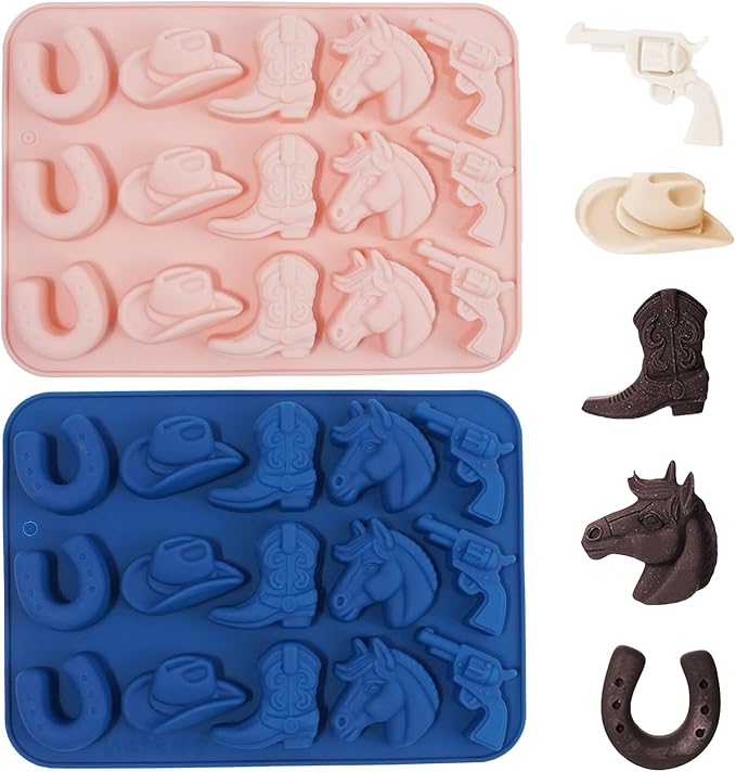 2 Pack Cowboy Chocolate Molds, Western Theme Silicone Mold Baking with Cowboy Hat, Cowboy Boot and Horse, Suitable for Making Chocolate, Candy, Cakes, Cupcakes, And Cookies Soaps (Pink and Blue-2PCS)