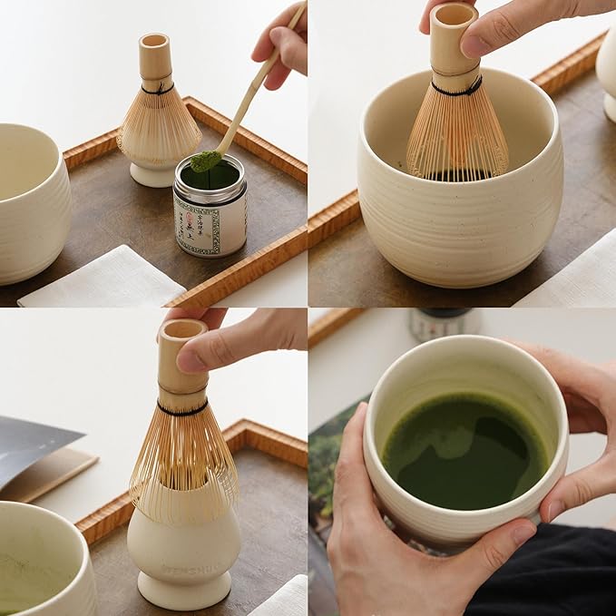 Matcha Whisk Set, Ceramic Matcha Bowl & Whisk Holder, Bamboo Accessory, Modern Design (Matte Crème, Traditional Bowl Design)