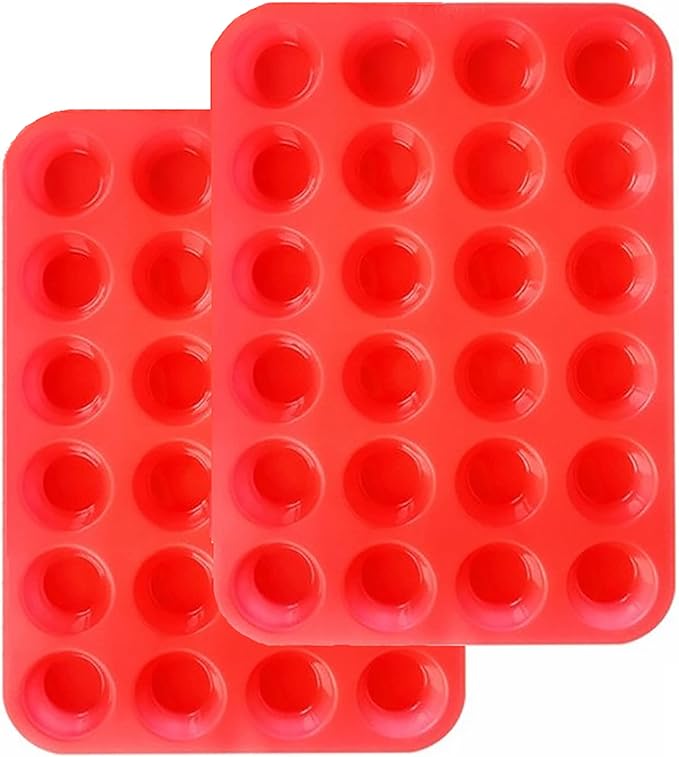 Mini Muffin &Cupcake Set, 24 Cups 2-Pieces, Nonstick Silicone Baking Pan, BPA Free and Dishwasher Safe, Great for Making Muffin Cakes, Tart, Bread (24 Cups Red,2 PCS)
