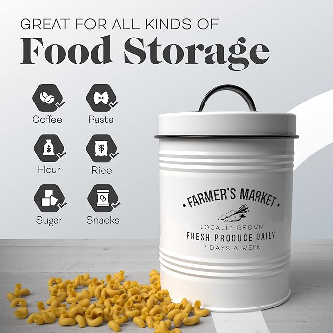 Amici Home Farmers Market Metal Canister | Dry Food Storage Container | Airtight Lid | 76 Ounce Capacity | Farmhouse Décor | Metal Canister for Kitchen Countertop
