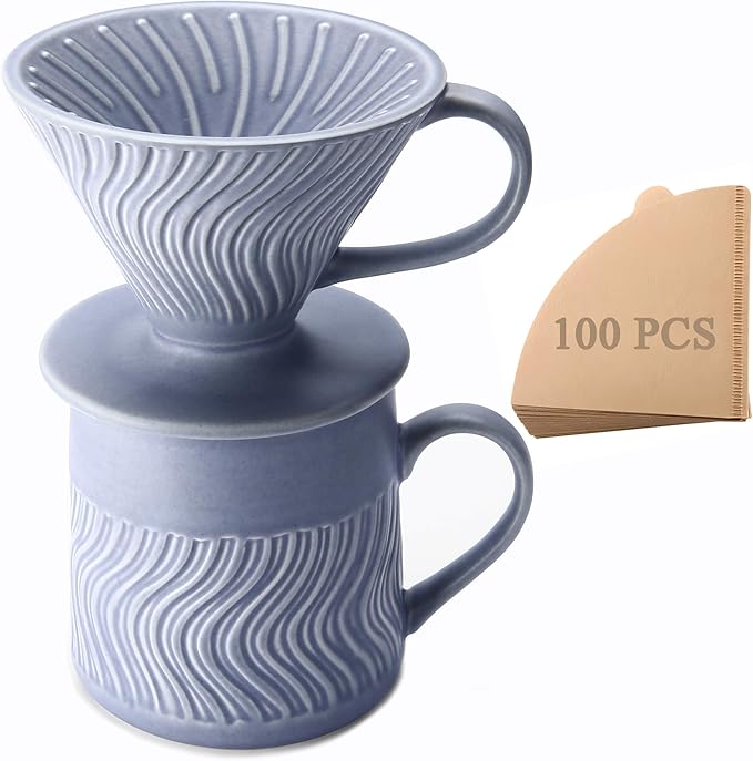 Pour Over Coffee Maker with 100 Sheets of V60 Paper Filter, 15 oz Ceramic Coffee Mug & Ceramic Coffee Dripper, 1 Cup-Single brew coffee set, Purple