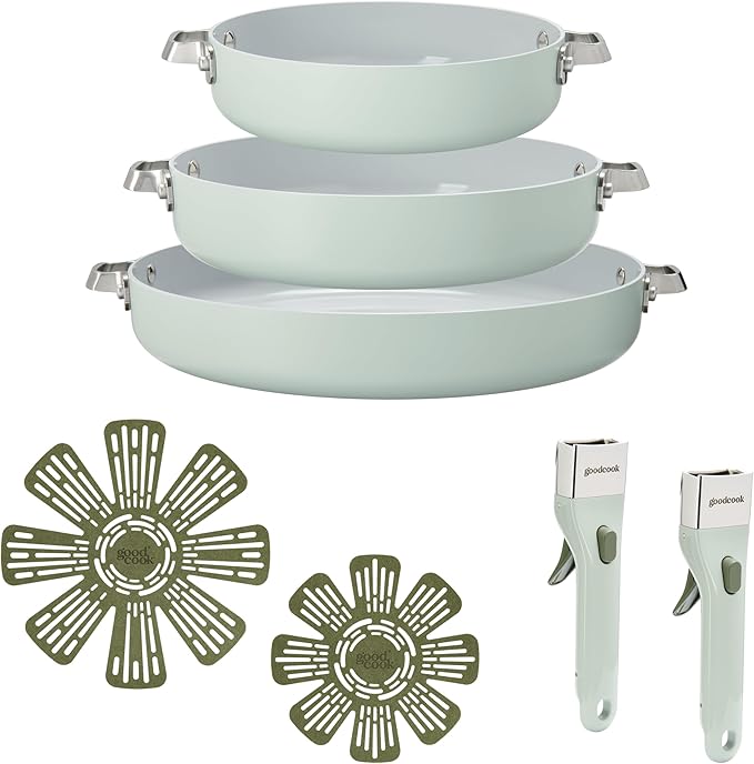 GoodCook Ceramic Cookware Set, Made without PFAS, PTFE, PFOA, Lead & Cadmium, Induction Compatible, Nonstick and Oven Safe with Removable Handle, 7 Piece, Sage Green