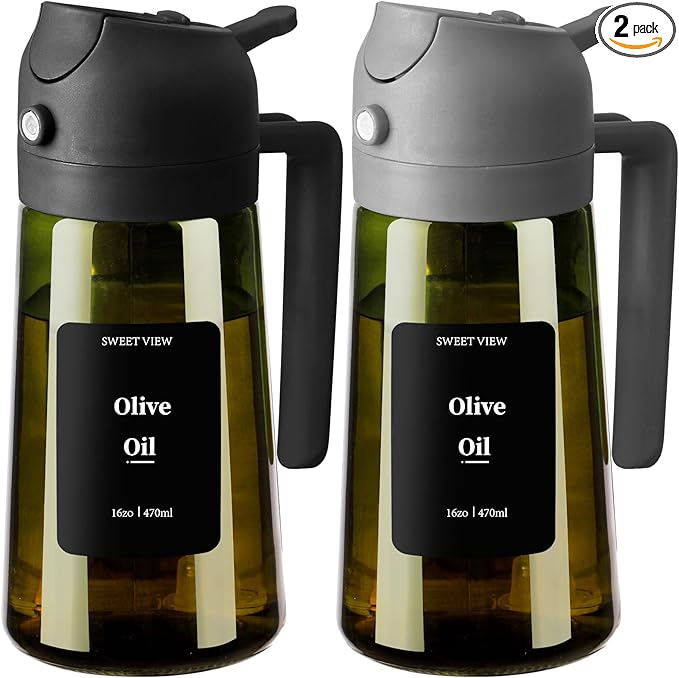 2PCS Olive Oil Dispenser and Oil Sprayer – 16oz/470ml Glass Light-Proof Oil Pourer for Kitchen, Air Fryer, Cooking, Salad, and BBQ